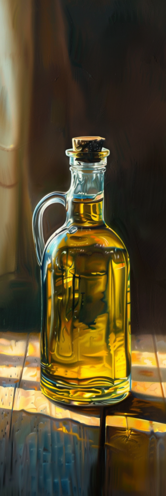 A bottle of oil bathed in sunlight
