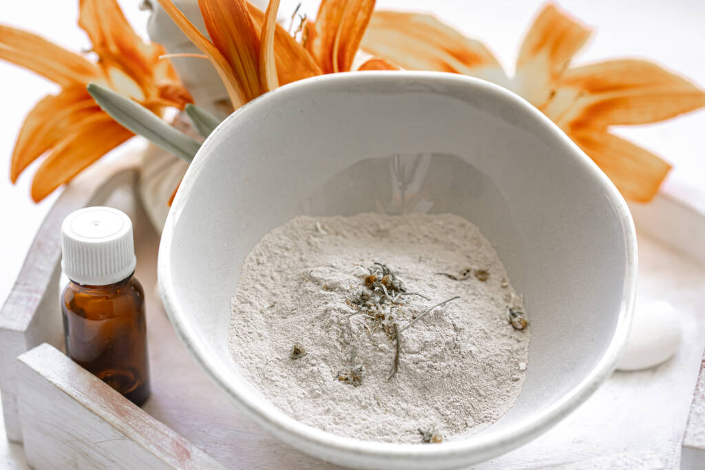 Bowl of holistic, natural, herbal dry shampoo