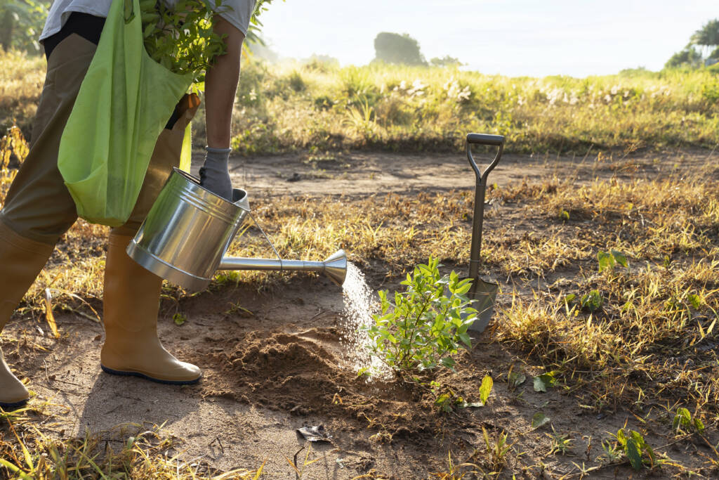 Farmer watering a newly-planted tree. 