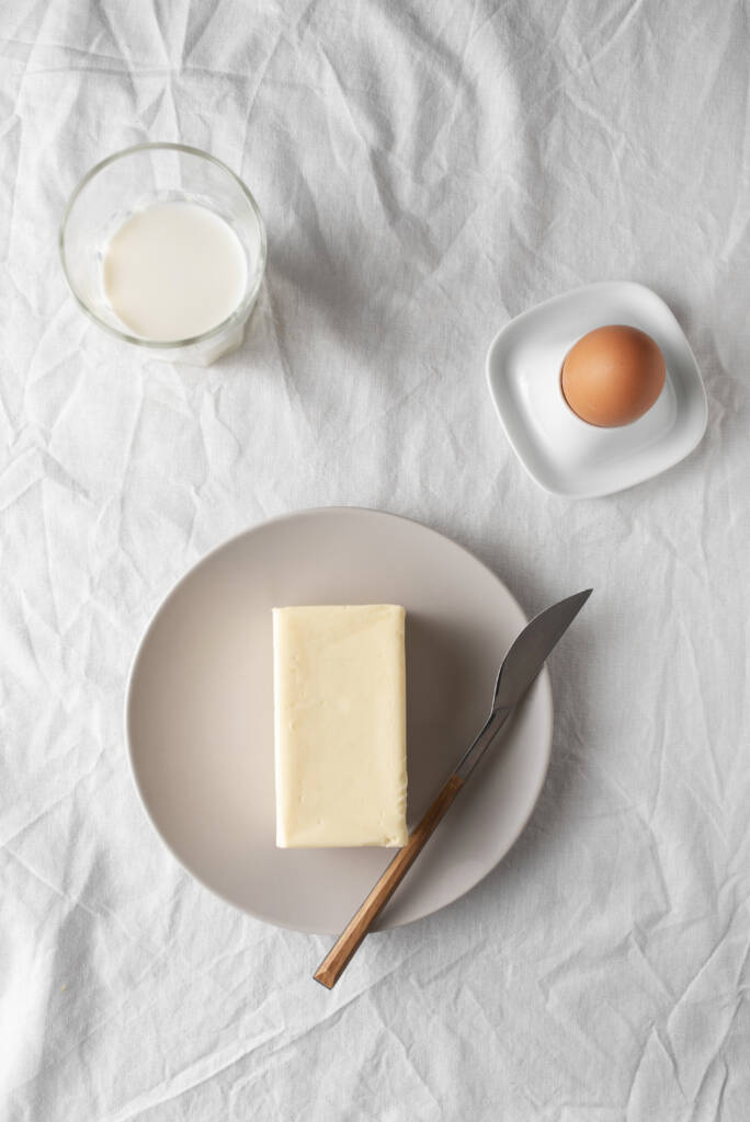 a high-protein meal with butter, whole milk, and an egg