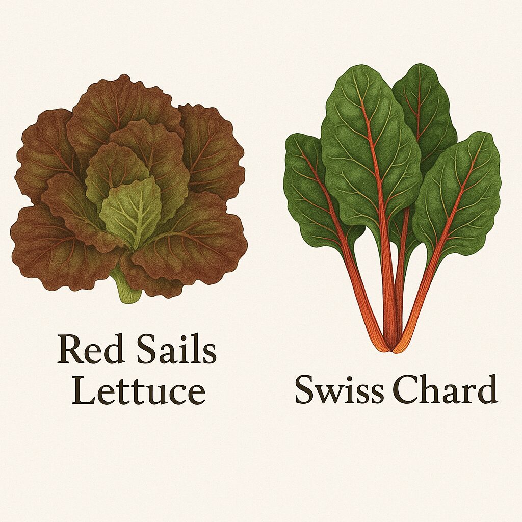 Red Sails and Swiss Chard are two types of lettuce that grow nicely next to each other.