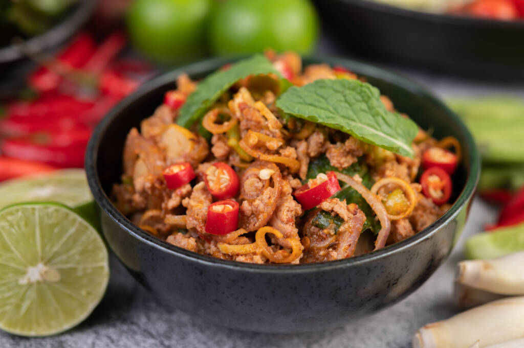 Stir fry with fresh leaves on top