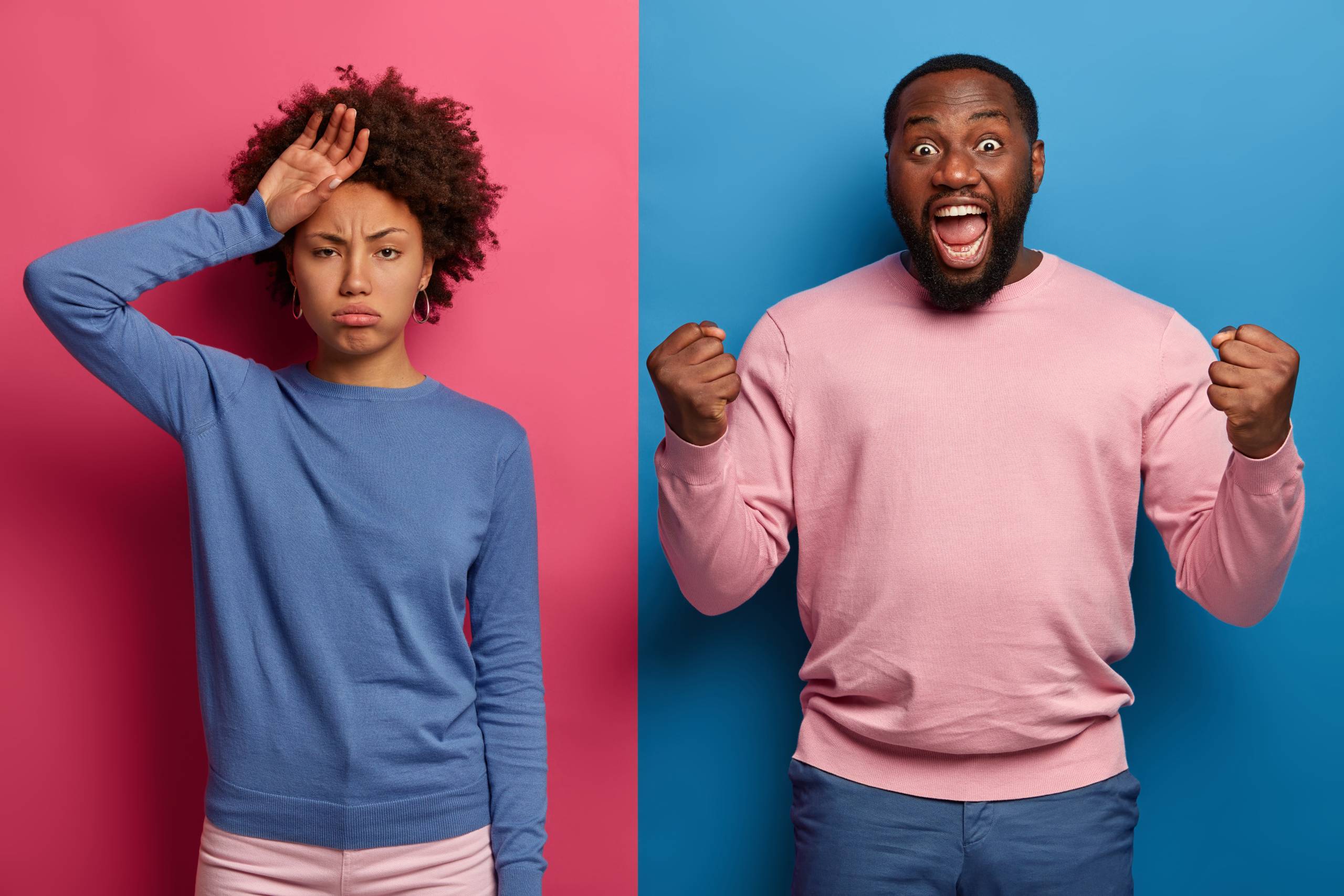 Stressed woman contrasted with unstressed male